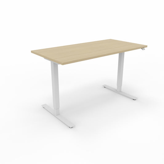 Höj- och sänkbart skrivbord, Ek skiva med vita ben.