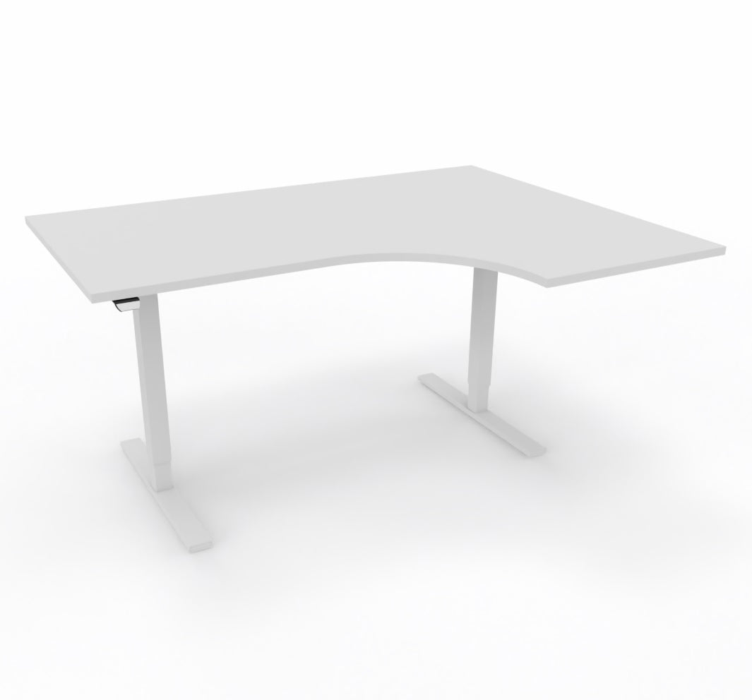 Höj- och sänkbart svängt skrivbord.